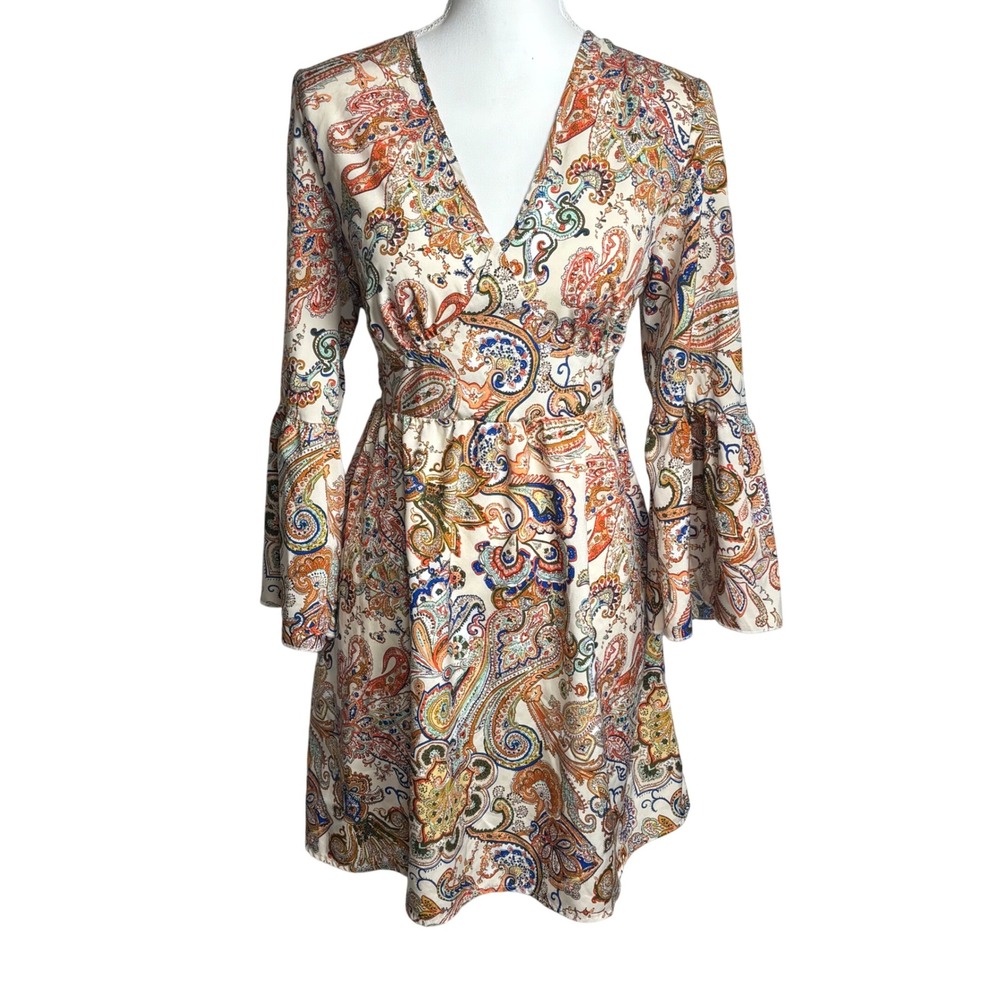 Bell Sleeve Mini Dress Women M L Multicolor‎ Boho V-Neck Flare Hippie Paisley